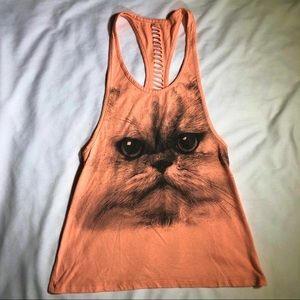 EnR Destroyed Peach Orange Grumpy Cat Racerback Tank Top Size L